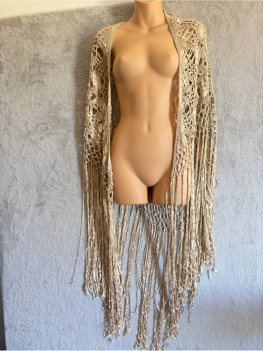 Gorgeous Macrame Handcrafted Silk Crocheted Fringe Shawl - Neutral Beige OS